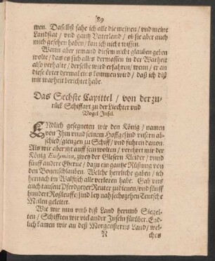 Das Sechste Capittel/ von der zurück Schiffart zu der Liechter und Vogel Insel.