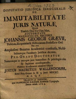 Disputatio Iuridica Inauguralis De Immutabilitate Iuris Naturae