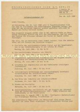 Informationsblatt des Republikanischen Clubs mit Veranstaltungsterminen