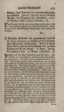 Geschichte und gegenwärtiger Zustand der Optic, vorzüglich in Absicht auf den physikalischen Theil dieser Wissenschaft. T.2.