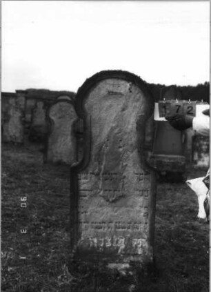 Grabstein 172 (Index: 100115101) Material: Sandstein Zustand: sehr stark verwittert mit sehr großem Textverlust Maße HxBxT: 130x59x11 cm Beschreibung: Stele mit Hufeisenbogen und sehr langem Hals: Grabstein 172