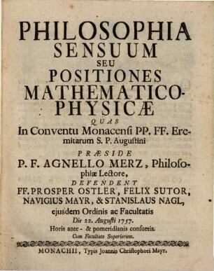 Philosophia sensuum, seu positiones metaphysicae