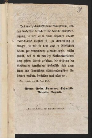 Das unterzeichnete Gesammt-Ministerium, ...
