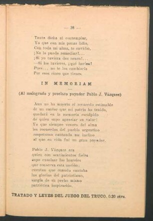 In memoriam : (Al malogrado y preclaro payador Pablo J. Vázquez)