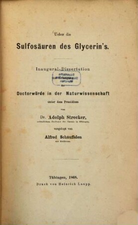Ueber die Sulfosäuren des Glycerin's : Inaug. Diss.