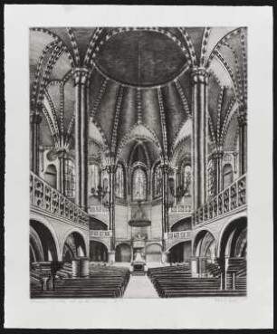 Radierung des Künstlers Erhard Groß, Titel: Emmaus-Kirche vor der Zerstörung, Ed. 2/30, 1985