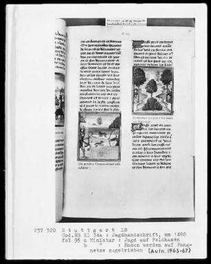 Gaston Phoebus und Kaiser Friedrich II. — ---, Folio 3recto-97verso---, Folio ---Textseite mit zwei Jagdszenen, Folio 95recto