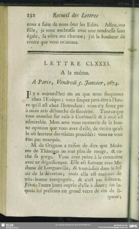 Lettre CLXXXI. A la même. A Paris, Vendredi 5. Janvier, 1674