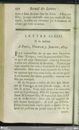 Lettre CLXXXI. A la même. A Paris, Vendredi 5. Janvier, 1674