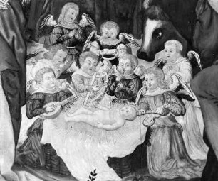 Anbetung der Hirten : Anbetung der Hirten. Tafelmalerei (um 1520/1530). Detail mit Jesuskind, umgeben von musizierenden Engeln. Sonthofen. Friedhofskapelle Sankt Sebastian und Afra