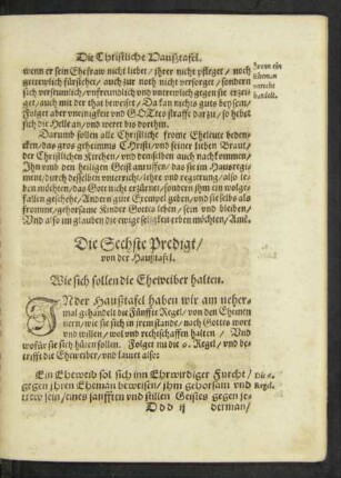 Die Sechste Predigt/ von der Haußtafel. Wie sich sollen die Eheweiber halten.