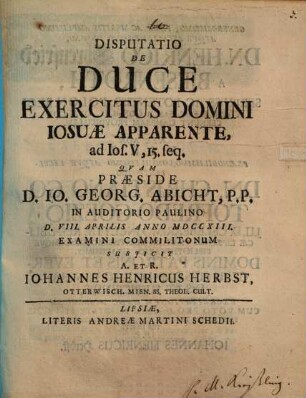 Disp. de duce exercitus Domini, Josuae apparente