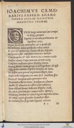 Ioachimus Camerarius Pabergensis Adamo Sibero