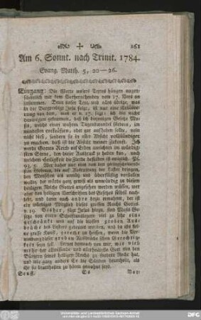 Am 6. Sonnt. nach Trinit. 1784. Evang. Matth. 5, 20 - 26.