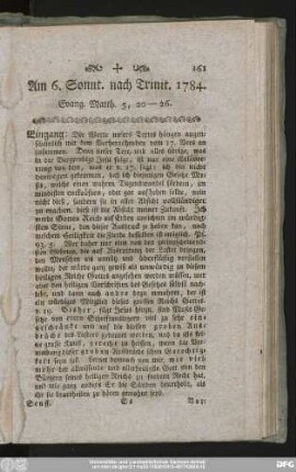 Am 6. Sonnt. nach Trinit. 1784. Evang. Matth. 5, 20 - 26.