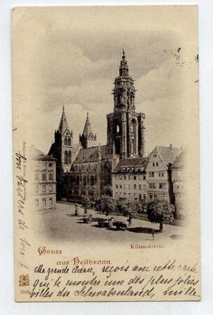 "Kilianskirche" - Marktplatz und Außenansicht der Kilianskirche von Nordwesten und den Häusern Kaiserstraße 32 und 34