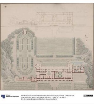 Rekonstruktion der Villa Tusca nach Plinius. Lageplan und Grundrisse des oberen und unteren Geschosses
