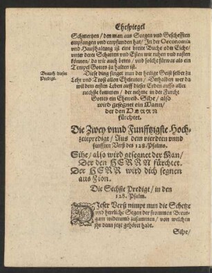 Die Zwey unnd Funfftzigste Hochzeitpredigt/ ... Die Sechste Predigt/ in den 128. Psalm.