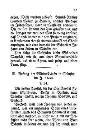 III. Anfang der WiederTäufer in Münster, im J. 1533