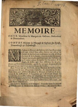 Mémoire pour M. le Marquis de Gesvres ...