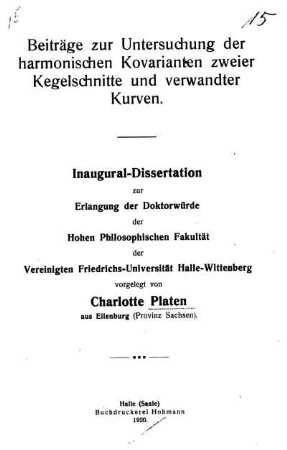 Beiträge zur Untersuchung der harmonischen Kovarianten zweier Kegelschnitte und verwandter Kurven