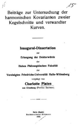 Beiträge zur Untersuchung der harmonischen Kovarianten zweier Kegelschnitte und verwandter Kurven