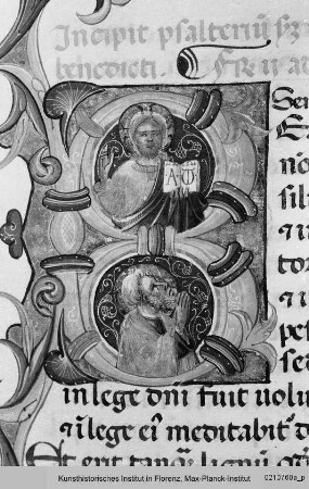 Breviarium nach den Regeln des Heiligen Benedikt : Buchseite mit Randbordüre, Text, historisierter Initiale B mit segnendem Christus und einem Heiligen (David?)