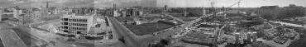 210° Panorama, Blick von der Sektorengrenze Zimmerstraße über die Baustelle Axel-Springer-Verlagshaus bis Richtung Baustelle GSW-Hochhaus. Berlin-Kreuzberg, Rudi-Dutschke-Straße