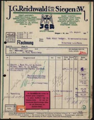 Firmenbriefkopf Reichwald, J.G., Siegen in Weidenau