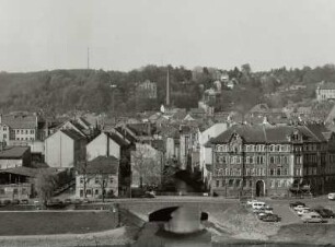 Meißen, Blick vom Ratsweinberg nach Südwesten auf das linke Elbufer mit Triebischmündung