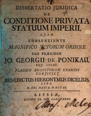 Dissertatio Juridica De Conditione Privata Statuum Imperii
