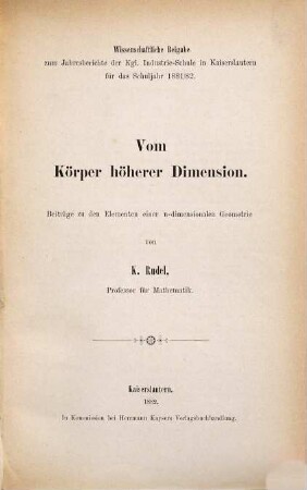 Vom Körper höherer Dimension : Beiträge zu den Elementen einer n-dimensionalen Geometrie