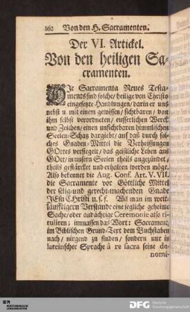 Der VI. Artickel. Von den heiligen Sacramenten.