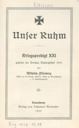 21: Unser Ruhm : ... gehalten am Sonntag Septuagesimä 1916