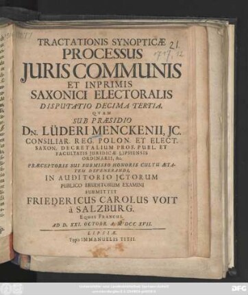 Tractationis Synopticæ Processus Juris Communis Et Inprimis Saxonici Electoralis Disputatio Decima Tertia