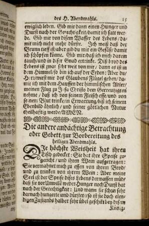 Die andere andächtige Betrachtung oder Gebett/ zur Vorbereitung des heiligen Abendmahls.