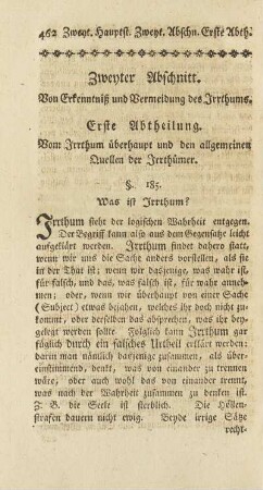 Erste Abtheilung. Vo, Irrthum überhaupt und den allgemeinen Quellen der Irrthümer
