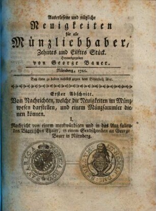 Auserlesene und nützliche Neuigkeiten für alle Münzliebhaber, 10/11. 1766