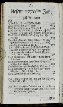 In diesem 1770sten Jahr zählet man:[...]