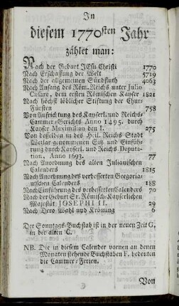 In diesem 1770sten Jahr zählet man:[...]