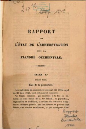 Rapport sur l'état de l'administration dans la Flandre occidentale. 1848 (1847)