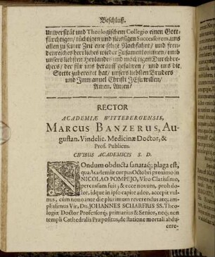 Rector Academiae Wittebergensis, Marcus Banzerus, Augustan. [...]