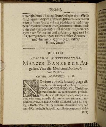Rector Academiae Wittebergensis, Marcus Banzerus, Augustan. [...]