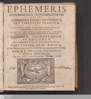 Pars Tertia: Pars Æstiva : A Dominica SS. Trinitatis, ad Dominicam decimamquintam post Pentecosten