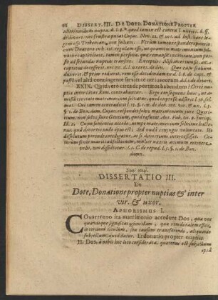 Dissertatio III. De Dote, Donatione propter nuptias & inter vir. & uxor.