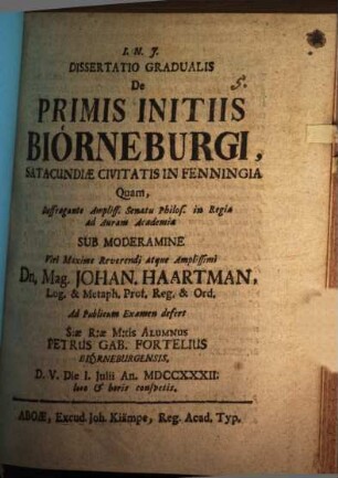 Diss. grad. de primis initiis Biörneburgi, Satacundiae civitatis in Fenningia