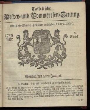 2. Stueck, Montag den 9ten Januar 1758