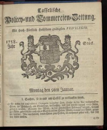 2. Stueck, Montag den 9ten Januar 1758