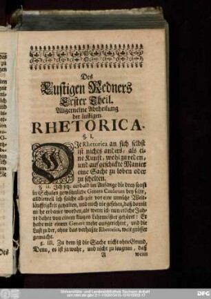 Des Lustigen Redners Erster Theil. Allgemeine Abtheilung der lustigen Rhetorica.