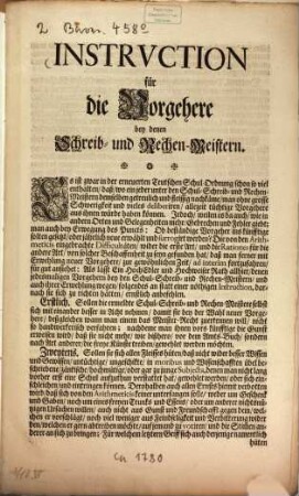 Instrvction für die Vorgehere bey denen Schreib- und Rechen-Meistern